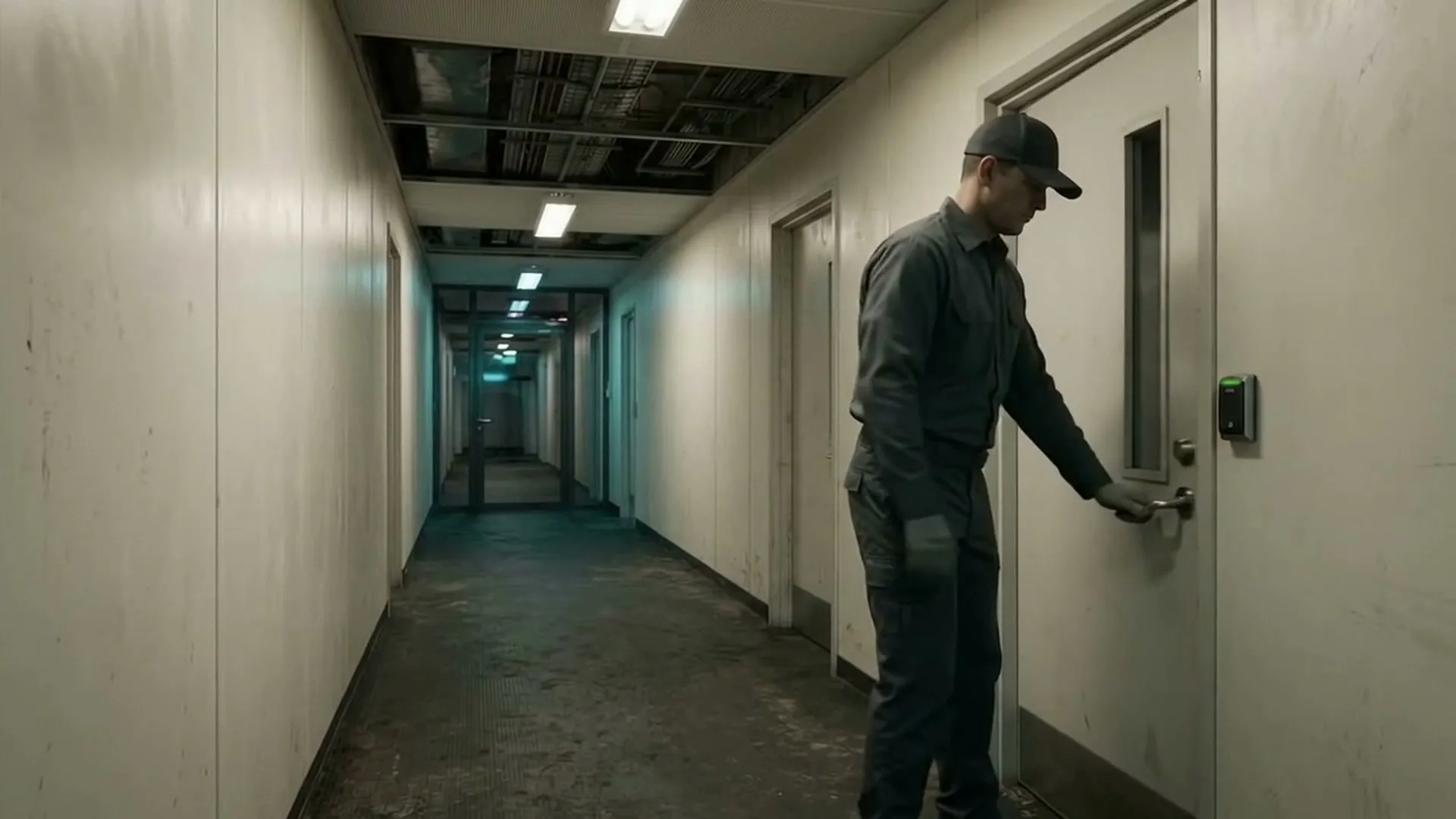 A man in a work cap and grey shirt opens a door in a narrow off-white service corridor.