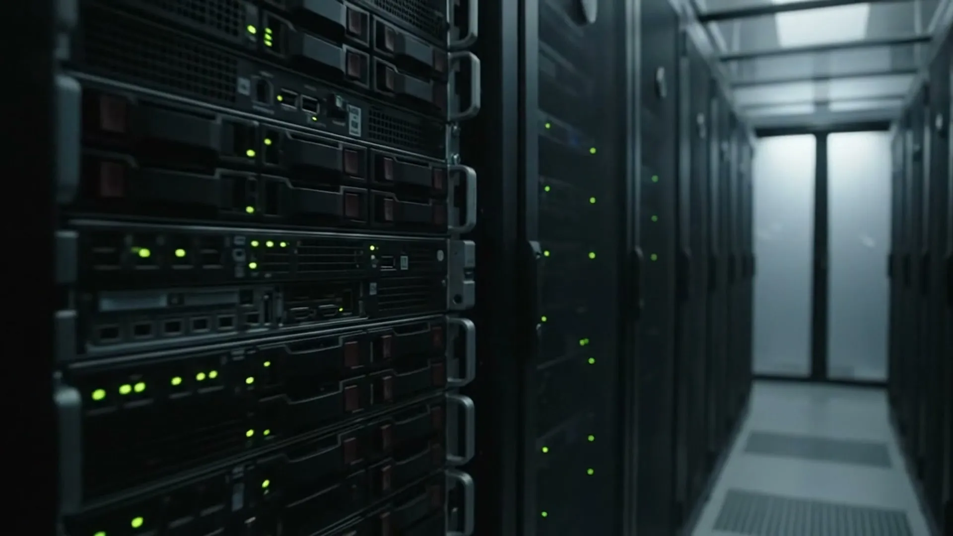 Rows of black server racks with green status lights in a cold datacenter aisle.
