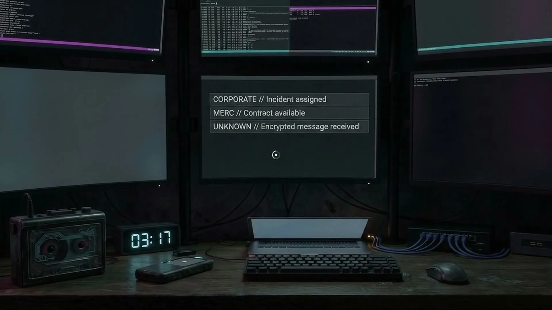 The desk at 03:17: the cassette player and the clock at the left end, three messages on the centre monitor.