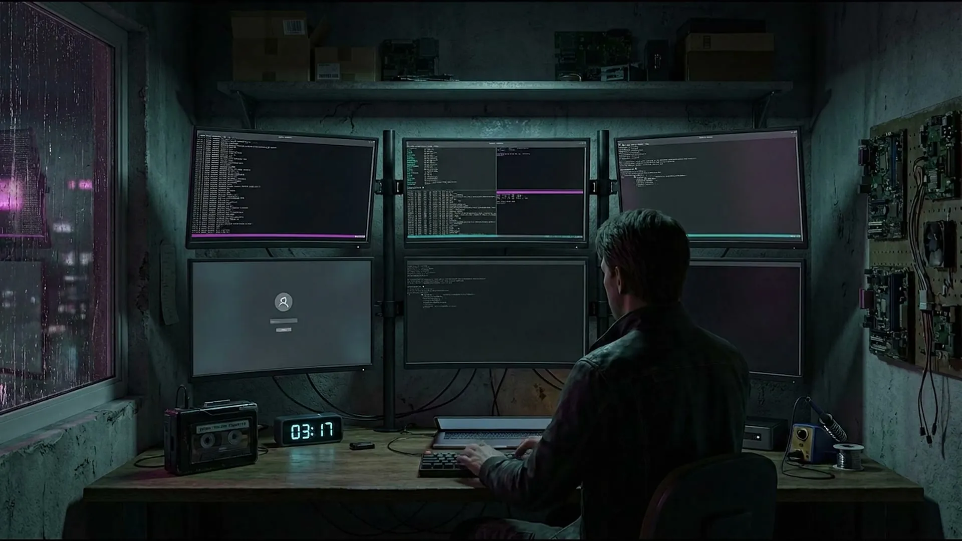 The Drifter at the six-monitor desk, typing, seen from behind.