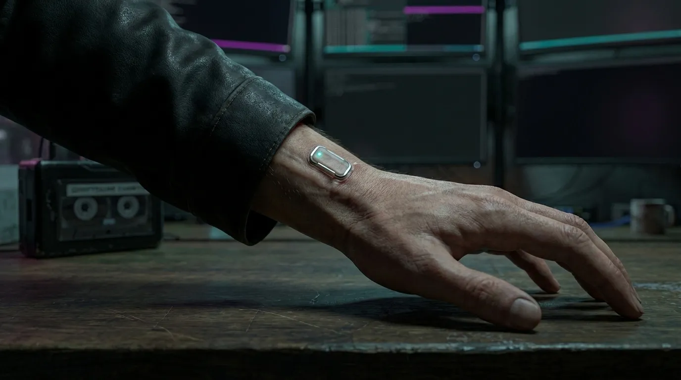 A hand resting on a desk with a small implant glowing on the wrist.