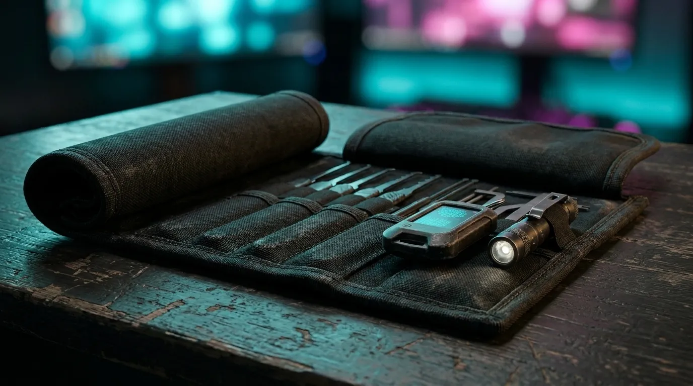 An open black tool roll with lock picks and a small electronic device.