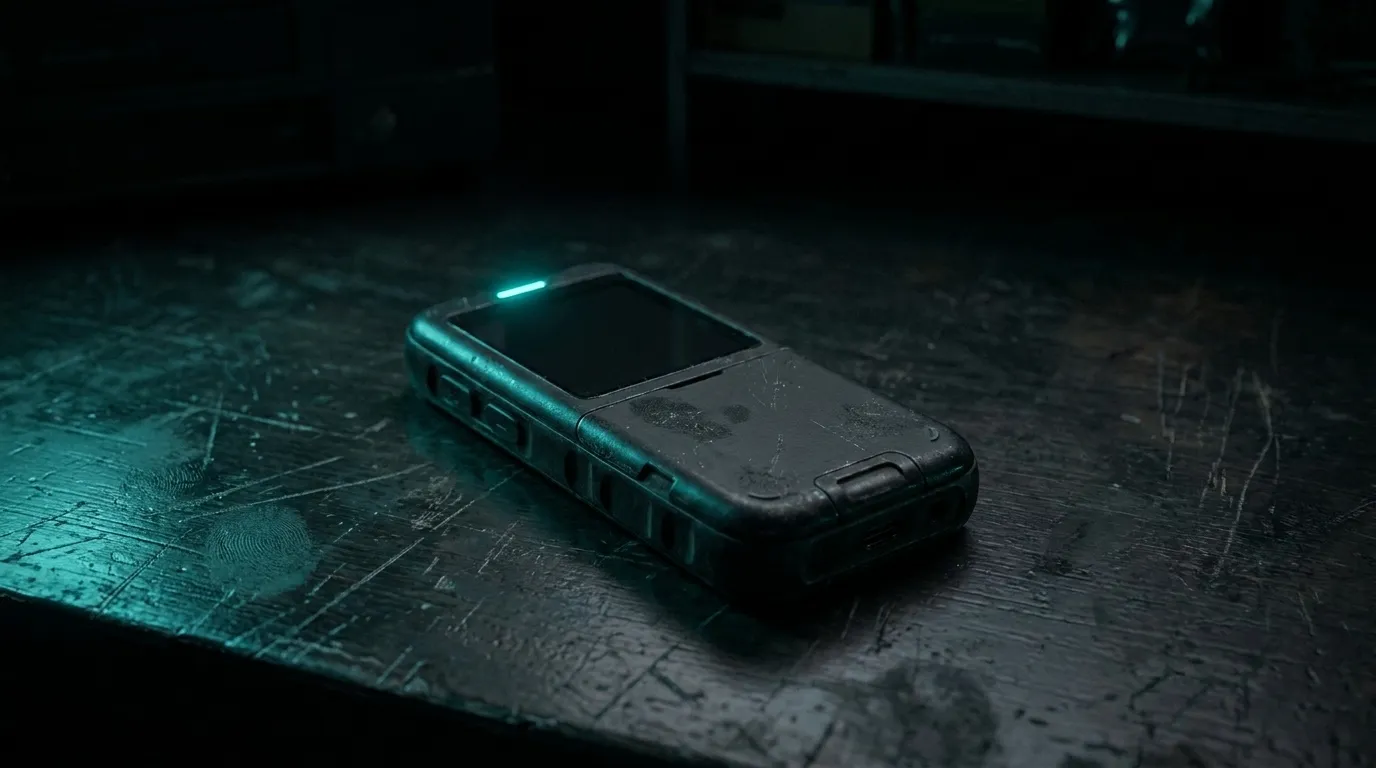 A rugged black phone with a cyan status light on a dark desk.