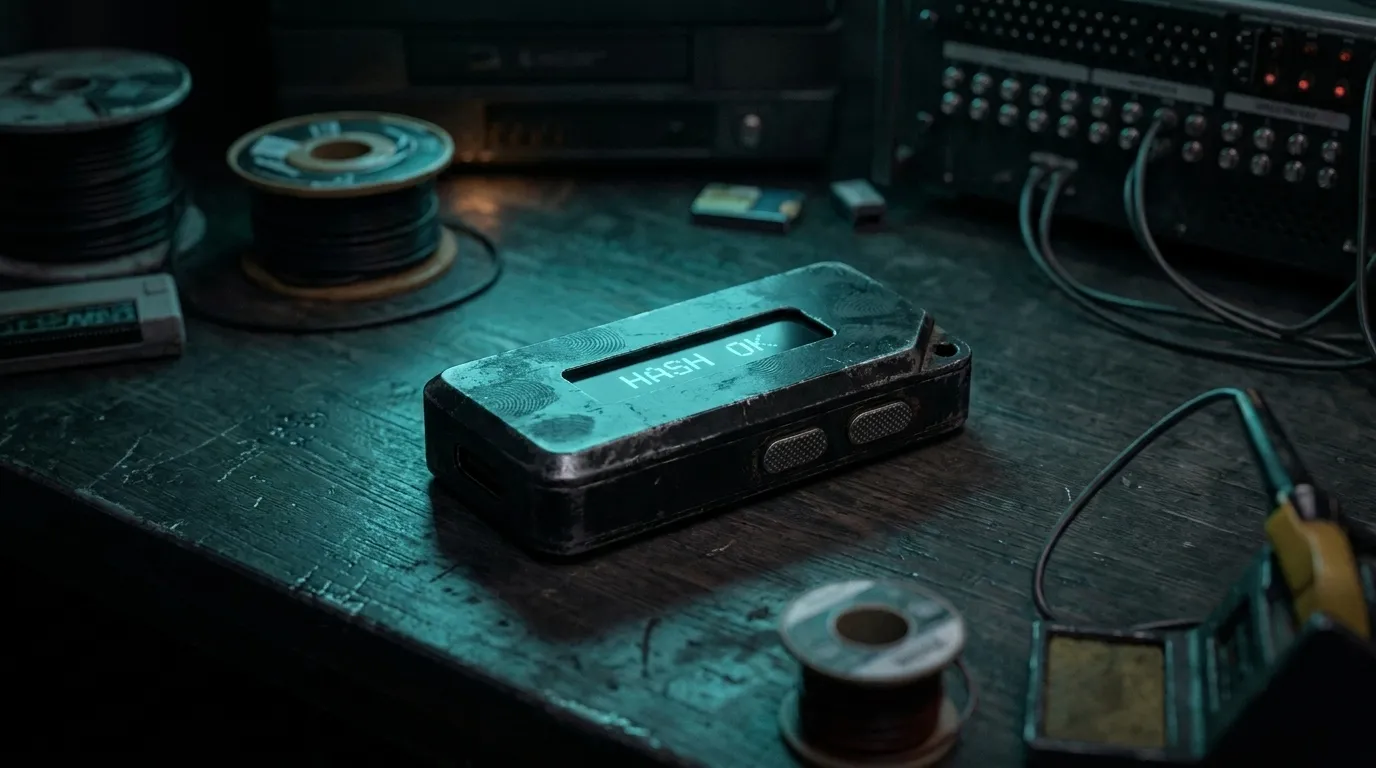 A worn rectangular hardware device on a workbench next to a solder spool.