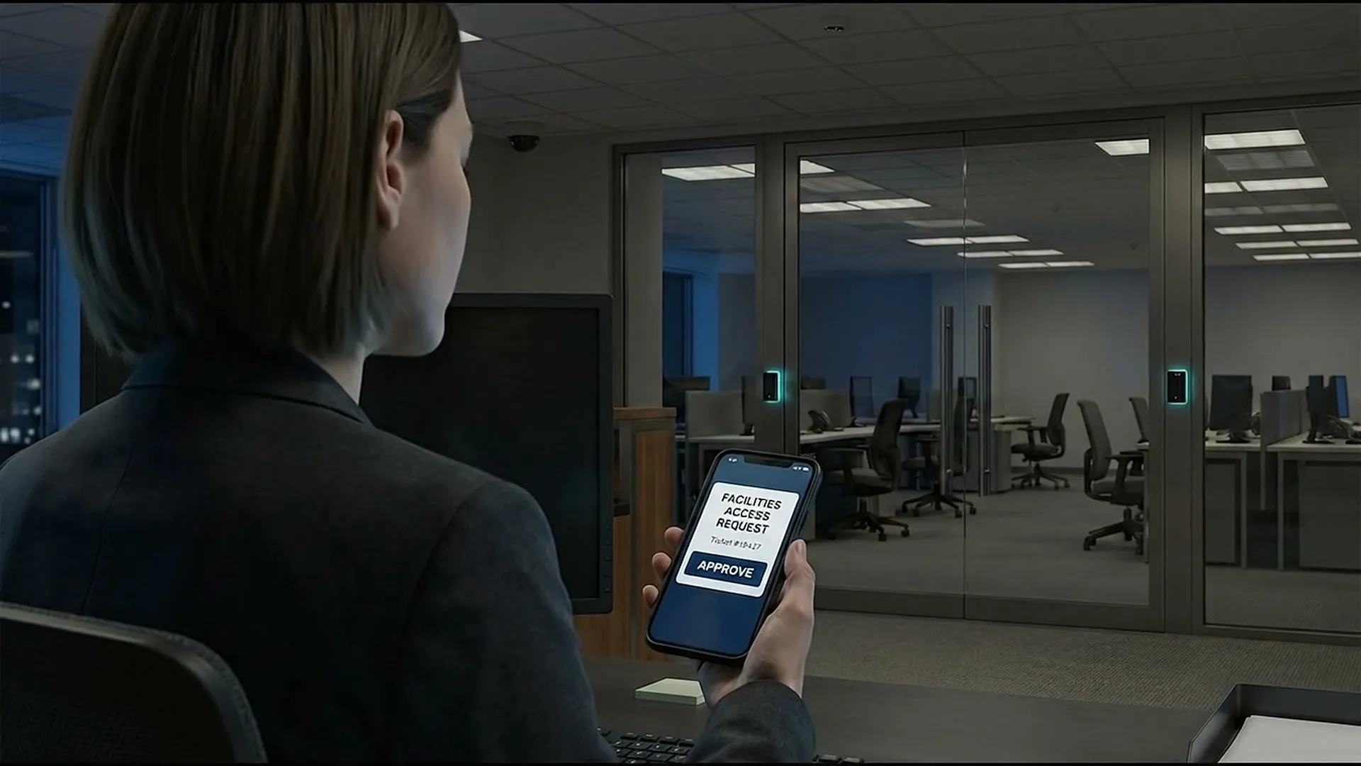 A night receptionist, seen over the shoulder, reads an access request on her phone in an empty office.