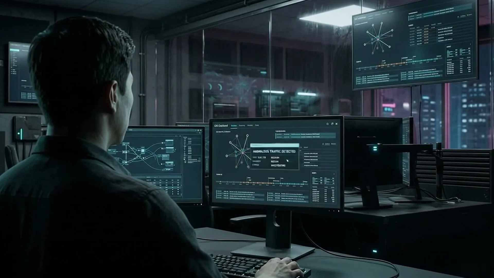 A security analyst seen from behind at several monitors showing a network graph and an alert.